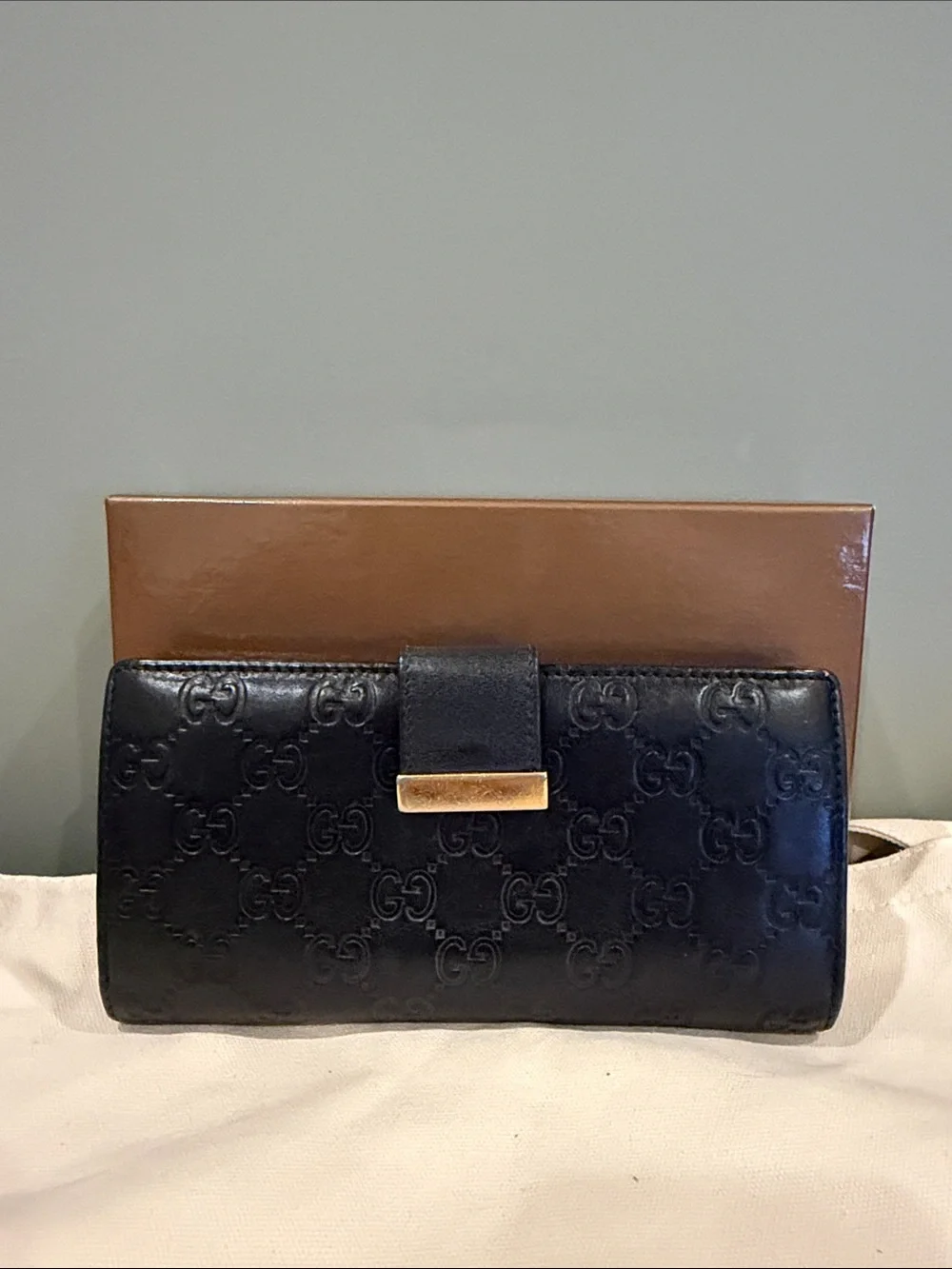 Gucci Black Embossed GG Leather Continental Wallet with Gold Accent
